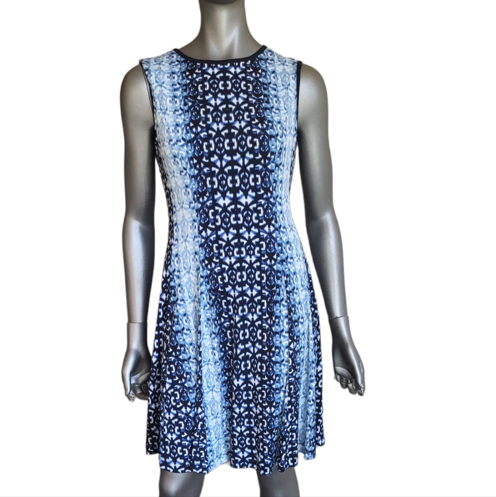 302. Gabby Skye Blue & White Stretchy Dress- Size 10
